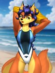 anthro beach black_nose blue_hair breasts clothing day ear_piercing ear_ring female fur hair jacket markings mole_(marking) mole_under_eye one-piece_swimsuit orange_body orange_fur outside piercing ring_piercing sand sea solo swimwear tail topwear water mykegreywolf sly_cooper_(series) sony_corporation sony_interactive_entertainment sucker_punch_productions carmelita_fox canid canine fox mammal 2024 3:4 absurd_res hi_res