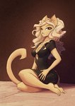 2022 anthro blonde_hair breasts brown_eyes cleavage clothed clothing conditional_dnp domestic_cat dress felid feline felis female fully_clothed fur hair jollyjack looking_at_viewer mammal sitting solo tan_body tan_fur