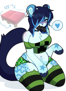 anthro belly big_breasts blush breasts chest_tuft choker clothing ear_piercing eyelashes female hair hair_over_eye heart_symbol jewelry legwear long_hair looking_at_viewer mouth_hold navel necklace pattern_clothing pattern_legwear pattern_stockings piercing simple_background slightly_chubby smile solo stockings striped_clothing striped_legwear striped_stockings stripes tail text thick_thighs tuft underwear white_background nebuluff microsoft minecraft mojang xbox_game_studios felid feline mammal colored digital_drawing_(artwork) digital_media_(artwork) english_text flat_colors hi_res