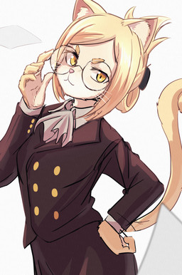 anthro ascot blonde_hair bottomwear breasts clothing dress_jacket eyewear female glasses hair paper skirt solo whiskers yellow_eyes chankirankachan hitoner miss_tonerico domestic_cat felid feline felis mammal 2026 absurd_res digital_media_(artwork) hi_res