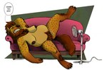 anthro big_breasts breasts casual_nudity electric_fan furniture genitals hairy heat_(temperature) intersex lying_on_sofa nude on_sofa oscillating_fan pussy slightly_chubby sofa solo speech_bubble staticafterdark scaramouche_rotbelly gnoll hyena mammal