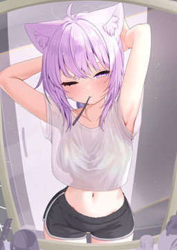 ahoge animal_ears blush bodily_fluids bottomwear breasts brush brushing brushing_teeth clothing collarbone crop_top dolphin_shorts female first_person_view fluffy_ears glistening glistening_hair hair hair_between_eyes half-closed_eyes medium_breasts midriff mirror mouth_hold narrowed_eyes navel one_eye_closed purple_eyes purple_hair raised_arms saliva shirt short_hair shorts solo standing toothbrush topwear translucent translucent_clothing white_clothing white_crop_top white_topwear yamato_mato1_(x) hololive vtuber okayu_nekomata animal_humanoid cat_humanoid felid felid_humanoid feline feline_humanoid humanoid mammal mammal_humanoid absurd_res hi_res