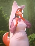 anthro black_eyes brick_wall clothed clothing detailed_background dress female fully_clothed headgear looking_aside medieval orange_body outside smile solo wall_(structure) wide_hips orilas disney robin_hood_(disney) maid_marian canid canine fox mammal red_fox true_fox 2023 3:4 3d_(artwork) blender_(artwork) digital_media_(artwork) hi_res