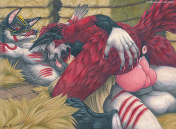 animal_genitalia animal_penis anthro anus balls big_knot black_body black_fur blood bodily_fluids breasts canine_genitalia canine_penis cowgirl_position cum cum_in_vagina cum_inside duo erection female female_on_top female_penetrated from_front_position fur genital_fluids genitals grey_body grey_fur hay knot licking lying male male/female male_on_bottom male_penetrating male_penetrating_female mask nude on_back on_bottom on_top penetration penile penile_penetration penis penis_in_vagina pink_penis red_body red_fur scratch sex side_boob straddling tongue tongue_out vaginal vaginal_penetration vulva toots canid canine canis jackal mammal 2013 traditional_media_(artwork)