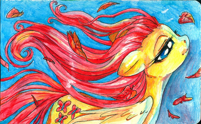 autumn cutie_mark falling_leaves feathered_wings feathers female feral hair half-closed_eyes long_hair narrowed_eyes peaceful pink_hair quadruped red_hair side_view solo standing wind wings yellow_body yellow_feathers buttercup_saiyan friendship_is_magic hasbro my_little_pony mythology fluttershy_(mlp) equid equine mammal mythological_creature mythological_equine pegasus half-length_portrait mixed_media painting_(artwork) pen_(artwork) portrait traditional_media_(artwork) traditional_painting_(artwork) traditional_watercolor_(artwork) watercolor_(artwork)