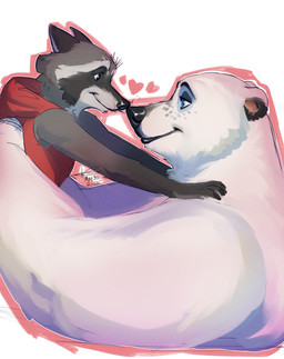 5_fingers anthro anthro_on_anthro black_nose duo feet female fingers freckled_face freckles fur grey_body grey_fur hindpaw humanoid_hands interspecies larger_female male male/female mature_female nose_to_nose paws size_difference smaller_male smile white_body white_fur nnightbear_b raccoon_(nnightbear_b) ursa_clara_(nnightbear_b) bear mammal polar_bear procyonid raccoon ursine 2026 hi_res