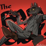 anthro black_text bottomwear clothing male male_anthro pants red_background simple_background sitting smile solo suit text title akiya-kamikawa dreamworks the_bad_guys mr._wolf_(the_bad_guys) canid canine canis mammal wolf 1:1 2021 hi_res