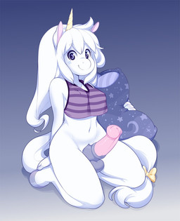 accessory animal_genitalia animal_penis anthro balls big_penis biped blue_background blue_eyes bottomless bow_(feature) bow_accessory bow_ribbon breasts clothed clothing equine_genitalia equine_penis erection facial_markings front_view fur furgonomics genitals gradient_background grey_body grey_eyes grey_markings grey_penis grey_skin gynomorph hair head_markings holding_object hooves horn humanoid_hands intersex kneeling light_body light_fur light_hair light_skin long_hair long_tail looking_at_viewer markings medial_ring multicolored_body multicolored_penis multicolored_skin navel pale_body pale_fur pale_skin penis pillow pink_body pink_penis pink_skin ribbons simple_background sitting small_balls solo star_(marking) tail tail_accessory tail_bow tail_ribbon white_background white_body white_fur white_hair miu mythology equid equine mammal mythological_creature mythological_equine unicorn 2020 digital_media_(artwork) hi_res shaded