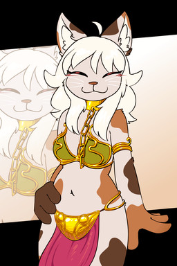 anthro armlet blush clothing collar costume eyelashes female fur gold_(metal) long_eyelashes markings slave slave_leia_costume solo spots spotted_body spotted_fur standing 87_god star_wars jojo_rose_(oc) calico_cat domestic_cat felid feline felis mammal 2:3 hi_res