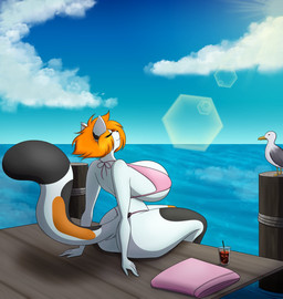 ambiguous_gender anthro big_butt bikini bikini_thong butt clothing duo eyes_closed female feral fur hair multicolored_body multicolored_fur orange_hair sitting smile solo_focus swimwear two-piece_swimsuit water white_body vanthi avian bird domestic_cat felid feline felis gull lari larid mammal character_request hi_res