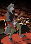 anthro arm_tuft bass_guitar black_clothing black_shirt black_tank_top black_topwear bottomwear clothing countershade_face countershading dog_tags drum drum_set elbow_tuft electric_guitar footwear fur green_bottomwear green_clothing green_eyes green_pants grey_body grey_fur grey_hair guitar hair male multicolored_body multicolored_fur musical_instrument pants percussion_instrument photo_background playing_guitar playing_music plucked_string_instrument sandals shirt shoes solo string_instrument tank_top topwear tuft two_tone_body two_tone_fur wristband biisuto morenatsu kouya_(morenatsu) canid canine canis domestic_dog husky mammal nordic_sled_dog spitz 2023 colored hi_res photography_(artwork)