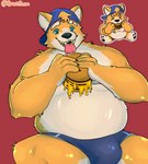 anthro belly burger chibi clothed clothing eating eating_food food front_view happy hat headgear headwear jock male overweight overweight_anthro overweight_male shirtless_anthro sitting slightly_chubby slightly_chubby_anthro solo solo_in_panel toony topless topless_anthro topless_male dulceplum canid canine canis domestic_dog mammal shiba_inu spitz 2024 digital_drawing_(artwork) digital_media_(artwork) hi_res shaded