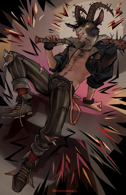 5_fingers abs alternative_fashion athletic athletic_humanoid athletic_male body_hair bottomwear chest_hair clothed clothing ear_piercing fingers footwear for_a_head happy_trail holding_bat horizontal_pupils horn jacket jewelry leather leather_clothing leather_jacket leather_topwear light_body light_skin male male_humanoid navel necklace open_clothing open_jacket open_topwear pants piercing pose punk pupils shirtless shirtless_humanoid shirtless_male shoes sitting solo tongue tongue_out topwear torn_bottomwear torn_clothing torn_pants momodeary deadlock_(game) valve billy_(deadlock) animal_head animal_humanoid bovid caprine goat humanoid mammal 2025 alternate_version_at_source digital_media_(artwork) pinup watermark