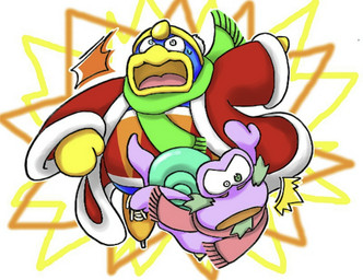 anthro beak blue_body blue_feathers clothed clothing duo facial_hair feathers footwear goatee green_shell hat headgear headwear ice_skates male mature_anthro mature_male open_mouth purple_body robe scarf shell shocked simple_background yellow_beak chasoba11 kirby:_right_back_at_ya! kirby_(series) nintendo escargoon king_dedede avian bird gastropod mollusk penguin snail 2011 japanese_description