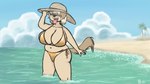 5_fingers anthro beach big_breasts bikini black_nose blonde_hair breasts brown_body brown_fur clothing cloud female fingers floppy_ears fluffy fluffy_tail fur gold_bikini hair hat headgear headwear huge_breasts navel open_mouth palm_tree pink_tongue plant sea sharp_teeth slightly_chubby smile solo sun_hat swimwear tail tan_body tan_fur teeth thick_thighs tongue tongue_out tree two-piece_swimsuit water nautilusbomb golden_week stella_wojciehowicz bird_dog canid canine canis domestic_dog golden_retriever hunting_dog mammal retriever 2025 hi_res