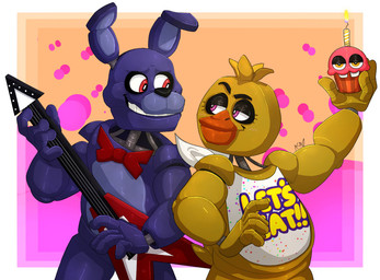 5_fingers anthro beak bib cupcake duo electric_guitar eyebrows female fingers food guitar half-closed_eyes holding_object looking_at_another machine male musical_instrument narrowed_eyes orange_body plucked_string_instrument purple_body purple_eyes raised_eyebrow red_eyes simple_background smile string_instrument teeth yellow_body snazzamazing five_nights_at_freddy's scottgames bonnie_(fnaf) chica_(fnaf) cupcake_(fnaf) animatronic avian bird chicken galliform phasianid robot