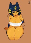 :< anthro big_breasts black_nose blue_hair breasts chest_wraps cleavage clothed clothing egyptian egyptian_clothing egyptian_headdress eyebrow_through_hair eyebrows eyelashes female frown fur hair half-closed_eyes legs_together looking_at_viewer narrowed_eyes short_hair simple_background solo thick_thighs translucent translucent_hair wide_hips wraps yellow_background yellow_body yellow_fur rodd.y animal_crossing nintendo ankha_(animal_crossing) domestic_cat felid feline felis mammal 2024 absurd_res artist_name digital_drawing_(artwork) digital_media_(artwork) hi_res signature