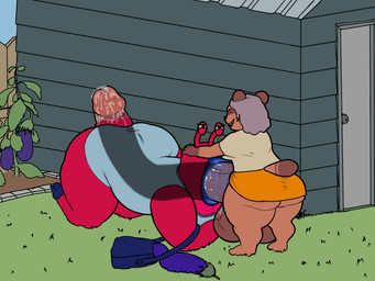 age_difference all_fours all_the_way_through anal anal_penetration anthro anus balls bent_over big_balls big_breasts big_butt big_penis bodily_fluids bottomless bottomwear breasts brown_body brown_fur brown_skin butt caught cleavage clothed clothing door duo eggplant elderly elderly_anthro elderly_gynomorph elderly_intersex erection evil_grin eyes_always_closed eyes_closed eyestalks fangs female female_penetrated fingers food fruit fur garden_shed genital_fluids genitals grass grey_hair gynomorph gynomorph_penetrating hair hand_on_head huge_balls huge_butt huge_lips huge_penis humanoid_genitalia humanoid_penis hyper hyper_balls hyper_genitalia hyper_penis intersex intersex_penetrating kiss_mark larger_penetrated lips lipstick lipstick_on_penis makeup mature_anthro mature_gynomorph mature_intersex no_underwear on_grass on_ground open_mouth oral oral_penetration outside overweight penetration penis plant puffy_anus purse saliva saliva_on_penis sex shed shirt size_difference skimpy skirt smile stealing stretched_anus teeth thick_lips thick_thighs topwear vein veiny_balls veiny_penis wet_anus wide_hips x-ray_view thechonk junko_gamou_(grannybase) canid canine gastropod mammal mollusk raccoon_dog slug tanuki 2026 colored detailed digital_drawing_(artwork) digital_media_(artwork) flat_colors hi_res