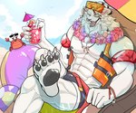 anthro ball beach_ball beach_umbrella clothing eye_patch eyewear glasses group inflatable male muscular muscular_male nipples parasol pecs smile swimwear warwickislovely league_of_legends riot_games tencent rengar_(lol) ambient_bird avian bird felid feline felis humanoid lion mammal pantherine hi_res