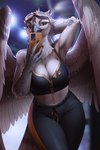 anthro beak big_breasts black_beak breasts claws cleavage clothed clothing eyewear feathered_wings feathers female goggles midriff navel non-mammal_breasts selfie smile solo wide_hips wings lynjox kwaza_(ozawk) accipitrid accipitriform avian bird osprey 2022 digital_media_(artwork) hi_res