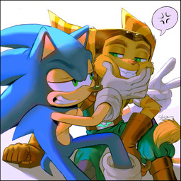 angry anthro belt blue_body boots clothing cross-popping_vein duo eyebrows footwear fur gesture gloves green_eyes hand_gesture handwear headgear headwear male shoes sitting smile stripes tail tail_tuft teeth tuft v_sign yellow_body yellow_fur shira-hedgie ratchet_and_clank sega sonic_the_hedgehog_(series) sony_corporation sony_interactive_entertainment ratchet_(ratchet_and_clank) sonic_the_hedgehog eulipotyphlan hedgehog lombax mammal 2026 absurd_res hi_res pictographics