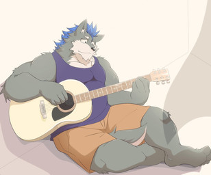 acoustic_guitar anthro bottomwear clothing fur guitar hair kemono male musical_instrument overweight plucked_string_instrument shorts solo string_instrument topwear tora_oekaki canid canine mammal 2021 digital_media_(artwork)