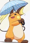 3_toes ambiguous_gender blue_umbrella brown_eyes feet fur happy holding_object holding_umbrella open_mouth orange_body orange_fur solo tail tan_body tan_fur toes umbrella yellow_body yellow_fur raaaichupudding nintendo pokemon generation_1_pokemon pokemon_(species) raichu 2025 absurd_res hi_res japanese_description
