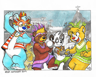 anthro black_body black_fur blonde_hair blue_body blue_fur bottomless bottomwear brown_body brown_fur clothed clothing dancing fireworks fur glistening glistening_eyes green_bottomwear green_clothing green_shorts group hair head_tuft logo male male_anthro mouth_closed open_clothing open_mouth open_smile open_topwear outside purple_bottomwear purple_clothing purple_shorts short_hair shorts smile topwear tuft wavy_mouth white_body white_fur young young_anthro young_male pandapaco background_character parinton bear crocodile crocodilian giant_panda mammal reptile scalie 2019 artist_logo dated signature traditional_media_(artwork)