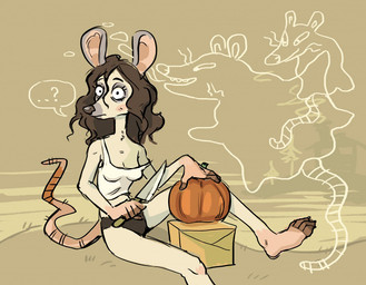 ambiguous_gender anthro barefoot black_bottomwear black_clothing blush bottomwear breasts brown_hair brown_nose cleavage clothed clothing crop_top facial_markings feet female food fruit fully_clothed grey_markings group hair head_markings holding_object holidays knife long_legs looking_away markings medium_breasts midriff off_shoulder outside plant pumpkin question_mark shirt sitting slim thin_calves thin_legs thin_thighs topwear underwear whiskers white_clothing white_topwear kastoluza halloween american_opossum ghost mammal marsupial spirit virginia_opossum 2018 digital_media_(artwork)