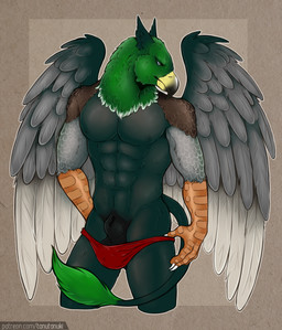 abs animal_genitalia anthro balls beak clothed clothing genitals male male_anthro muscular muscular_anthro muscular_male nipples partially_clothed pecs sheath simple_background solo standing tail text topless topless_anthro topless_male underwear underwear_down wings tanutanuki european_mythology greek_mythology mythology avian hippogriff mythological_avian mythological_creature 2023 hi_res url