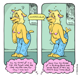 anthro barefoot blush breasts bulge bulge_fondling clothed clothing drugs feet gynomorph intersex jewelry movie_poster navel necklace pajama_pants pajamas pajamas_only solo speech_bubble stoned substance_intoxication tail tail_motion tailwag thought_bubble topless critterdome canid canine canis domestic_dog mammal hi_res trans_(lore) trans_woman_(lore)