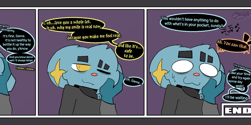 anthro blue_body blush bodily_fluids border clothed clothing comforting crying dialogue duo eyebrow_slit eyebrows fur grey_border hair holding_head holding_partner male musical_symbol nervous nervous_sweat simple_background sweat symbol tail tears text yellow_eyes gazaster nintendo pokemon gams_(gazaster) lex_(gazaster) canid canine eeveelution felid feline generation_4_pokemon glaceon mammal pokemon_(species) shinx 2025 comic digital_media_(artwork) english_text hi_res signature nonbinary_(lore)