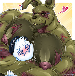 anthro big_muscles big_pecs black_sclera blush duo fur heart_symbol hug huge_pecs larger_male machine male muscular muscular_male nipples pecs size_difference whiskers wounded yellow_body yellow_eyes yellow_fur jxdrawings five_nights_at_freddy's five_nights_at_freddy's_3 scottgames springtrap_(fnaf) animatronic human lagomorph leporid mammal rabbit robot undead hi_res