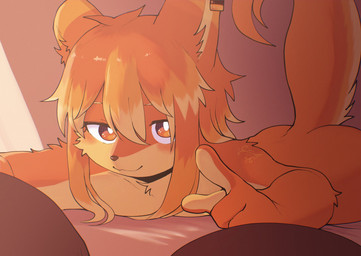 anthro brown_nose countershading ear_piercing fur gesture hair hand_gesture looking_at_viewer lying male multicolored_body multicolored_fur multicolored_hair on_front orange_body orange_eyes orange_fur orange_hair piercing pointing raised_tail solo tail tan_body tan_fur nikomi1080 raizinndx tokonatsu_(nikomi1080) canid canine fox mammal 2023 hi_res