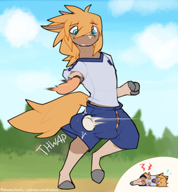 anthro attack blue_eyes bottomwear brown_body brown_fur clothed clothing cloud cock_and_ball_torture crotch_attack day detailed_background erection erection_under_clothing fingers fully_clothed fur genital_torture holding_object hooved_fingers hooves humor male outside shirt shorts sky solo t-shirt text topwear zhanbow zander_(zhanbow) equid equine horse mammal artist_name hi_res url