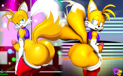 anthro bedroom_eyes big_butt black_nose blue_eyes blush butt clothed clothing contrast crossdressing duo erection femboy genitals half-closed_eyes huge_butt looking_at_viewer male multi_tail narrowed_eyes open_mouth penis presenting presenting_hindquarters presenting_penis seductive side_view split_screen square_crossover symmetry tail darksorm nobody147 sega sonic_the_hedgehog_(series) miles_prower canid canine fox mammal 2018 3d_(artwork) absurd_res digital_media_(artwork) hi_res portrait three-quarter_portrait