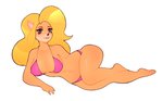 anthro blonde_hair breasts clothing eyelashes female hair lying on_side solo swimwear tongue tongue_out yasuokakitsune activision crash_bandicoot_(series) tawna_bandicoot absurd_res full-length_portrait hi_res portrait