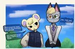 anthro blonde_hair bodily_fluids clothed clothing duo eyewear fur glasses grey_body hair hands_together heterochromia male male/male size_difference sweat text tofuuu animal_crossing nintendo marshal_(animal_crossing) raymond_(animal_crossing) domestic_cat felid feline felis mammal rodent sciurid tree_squirrel digital_media_(artwork) english_text