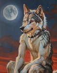 anthro cloud collar collar_only full_moon hand_in_lap looking_offscreen male moon night nude outside sitting sky solo star starry_sky sunset creeps canid canine canis mammal wolf hi_res oil_painting_(artwork) traditional_media_(artwork)