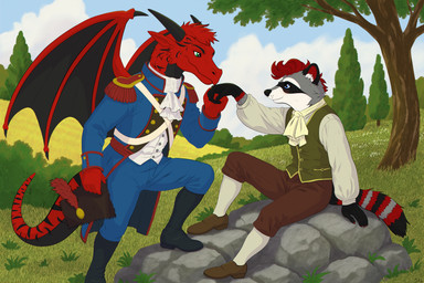 anthro blue_eyes boulder classy clothing cloud detailed_background duo french fur green_eyes hair hat headgear headwear historical historical_european_clothing kiss_on_hand kissing landscape male male/male military military_uniform multicolored_body multicolored_fur outside plant red_body red_fur red_hair renaissance renaissance_clothing rock soldier summer tree uniform vintage warrior rosenrot_(artist) mythology lexxy_dragon rosenrot_raccoon dragon mammal mythological_creature mythological_scalie procyonid raccoon scalie 3:2 absurd_res hi_res huge_filesize