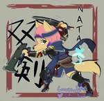 anthro armor chibi female grey_eyes hair headgear looking_at_viewer melee_weapon pink_hair sword text weapon arc_rose capcom monster_hunter natascha canid canine canis domestic_dog husky mammal nordic_sled_dog spitz wirebug 2022 japanese_text