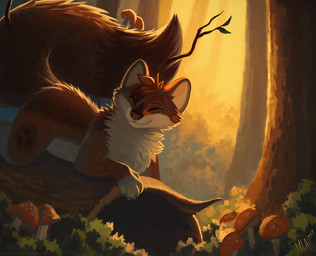 ambiguous_gender anthro back_tuft brown_body brown_fur cheek_tuft closed_smile detailed_background eyes_closed facial_tuft forest fur lying mouth_closed neck_tuft on_front orange_body orange_fur outside plant semi-anthro side_view smile solo spotted_legs toony tree tuft white_body white_fur mylafox canid canine mammal 2024 detailed