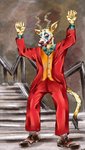 anthro bodypaint clothed clothing dancing detailed_background eyes_closed face_paint horn male solo stairs gabby_lioness batman_(series) beastars dc_comics joker_(2019_film) joker_dancing melon_(beastars) the_joker antelope bovid felid gazelle hybrid leopard mammal pantherine absurd_res hi_res meme