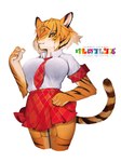 accessory alternate_species amber_eyes anthro anthrofied bottomwear breasts clothing female furrification garter legwear looking_at_viewer miniskirt necktie necktie_between_breasts pattern_clothing plaid plaid_clothing pleated_skirt simple_background skirt solo stockings stripes white_background soda_uyu kemono_friends bengal_tiger_(kemono_friends) bengal_tiger felid mammal pantherine tiger hi_res