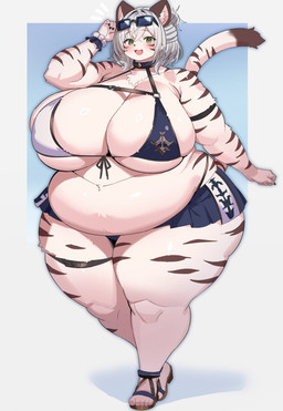 anthro big_breasts biped blue_clothing blush bottomwear breasts clothed clothing eyelashes eyewear eyewear_on_head female footwear fur green_eyes huge_breasts obese obese_anthro obese_female open_mouth overweight overweight_anthro overweight_female pupils shadow shoes smile solo sunglasses sunglasses_on_head topwear wearing_sunglasses white_body kakuteki11029 felid mammal pantherine tiger absurd_res hi_res