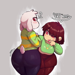 anthro big_butt black_bottomwear black_clothing black_pants blush bottomwear breasts brown_bottomwear brown_clothing brown_hair brown_legwear brown_skirt butt clothing describing_butt dialogue duo eyebrows female floppy_ears fur green_clothing green_sweater green_topwear hair heart_necklace legwear light_body light_skin looking_at_butt looking_back male pants pattern_clothing pattern_sweater pattern_topwear question_mark raised_eyebrow red_eyes rosy_cheeks skirt striped_clothing striped_sweater striped_topwear stripes sweater tail text topwear white_body white_fur white_hair young young_anthro young_human astonarts undertale undertale_(series) asriel_dreemurr chara_(undertale) bovid caprine goat human mammal 1:1 2026 english_text hi_res