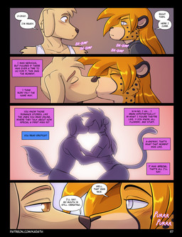 anthro biped black_nose blush clothed clothing dialogue duo eyebrows eyes_closed female french_kissing fur kissing male male/female orange_body orange_fur sound_effects speech_bubble tail tan_body tan_fur text conditional_dnp kadath dynamite_(kadath) rory_(kadath) bird_dog canid canine canis cheetah domestic_dog felid feline hunting_dog labrador mammal retriever 2025 comic english_text hi_res url