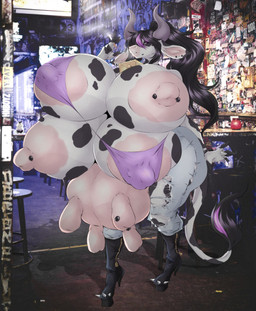 4_breasts anthro barbell_piercing bell bell_collar big_breasts black_body black_fur black_hair boots bottomwear bra breasts cigarette cigarette_in_mouth clothing collar cowbell curved_horn denim denim_bottomwear denim_clothing female footwear fur hair half-closed_eyes high_heeled_boots high_heels highlights_(coloring) horn huge_breasts jeans multi_breast multicolored_body multicolored_fur narrowed_eyes nipple_barbell nipple_piercing nipples object_in_mouth pants piercing pink_body pink_skin ponytail purple_highlights shoes slightly_chubby slightly_chubby_anthro slightly_chubby_female smoking_tobacco solo tail tail_tuft teats thick_thighs torn_bottomwear torn_clothing torn_jeans torn_pants tuft two_tone_body two_tone_fur udder_piercing udders underwear white_body white_fur wide_hips dullvivid blacklight_(character) bovid bovine cattle mammal hi_res