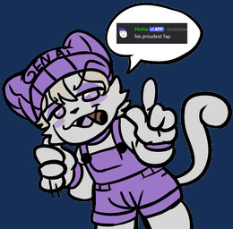 anthro beanie chibi clothing eyeshadow hat headgear headwear humor makeup overalls purple_eyeshadow solo speech_bubble sweater topwear turtleneck asmodite domestic_cat felid feline felis mammal alpha_channel