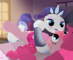 armwear blush blushing_profusely bodily_fluids clothing crown dominant dominant_female duo female feral fishnet_armwear fishnet_clothing genital_fluids gloves gynomorph handwear headgear intersex intersex/female makeup precum sweat sweatdrop tiara fskindness friendship_is_magic hasbro my_little_pony pinkie_pie_(mlp) rarity_(mlp) 6:5 absurd_res hi_res